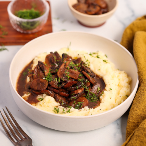 Tofu Mashed Potatoes with Glazed Mushrooms